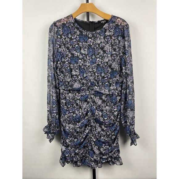 Vici Dresses & Skirts - Vici Blue Purple Black Floral Ruched Long Sleeve Chiffon Mini Dress Size L